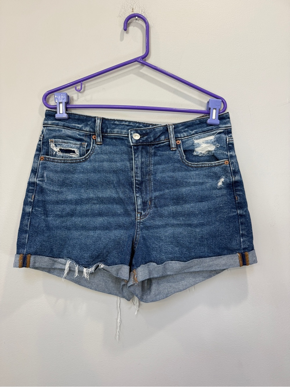 American Eagle Outfitters Dark Blue Distressed Roll-Hem Denim Shorts